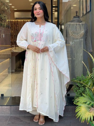 White Embroidery Cotton Anarkali Suit With Malmal Dupatta - BONYHUBSALWAR KAMEEZ