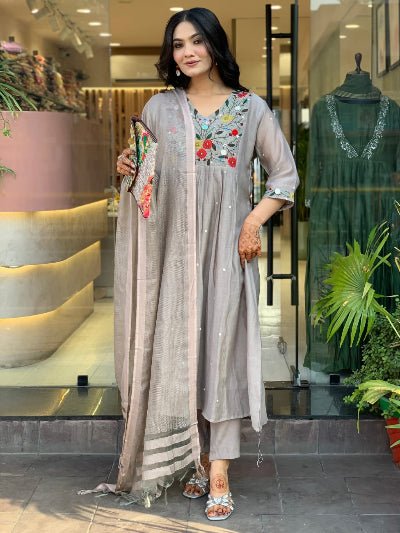 Grey Cotton Floral Embroidery Work Anarkali Suit - BONYHUBSALWAR KAMEEZ