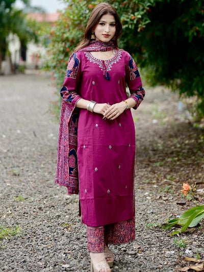 Dark Pink Cotton Embroidery Kurti Set with Dupatta - BONYHUBSALWAR KAMEEZ