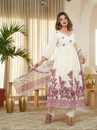 White Pure Cotton Embroidery Work Anarkali Suit - BONYHUBSALWAR KAMEEZ