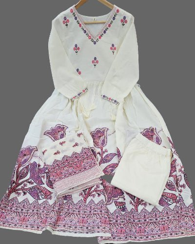 White Pure Cotton Embroidery Work Anarkali Suit - BONYHUBSALWAR KAMEEZ