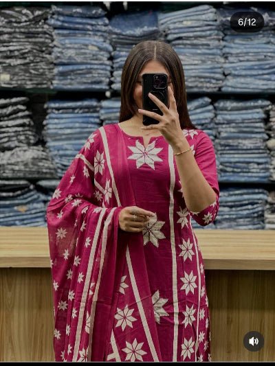 Dark Pink Soft Cotton Beautiful A Line Straight Suit Set - BONYHUBSALWAR KAMEEZ