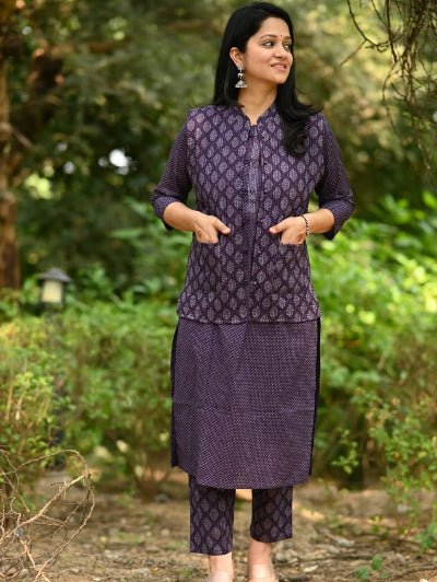 Purple Cotton Kurti Pant With Quilted Warm Jacket - BONYHUBSALWAR KAMEEZ