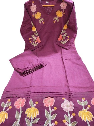 Classy Purple Embroidery Cotton Kurti Pant Set Of 2 - BONYHUBSALWAR KAMEEZ
