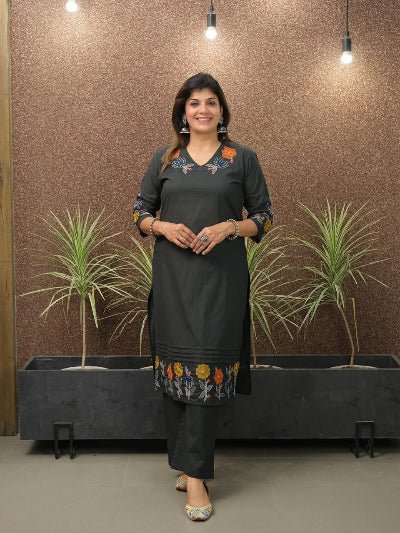 Classy Black Embroidery Cotton Kurti Pant Set Of 2 - BONYHUBSALWAR KAMEEZ