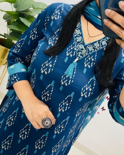 Blue Classy Print Cotton Straight Suit Set - BONYHUBSALWAR KAMEEZ