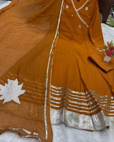 Brunt Orange Mirror Work Cotton Embroidery Anarkali Suit Set - BONYHUBSALWAR KAMEEZ