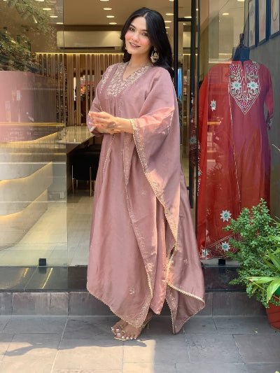 Mauve Gold Chanderi Embroidery Anarkali Suit - BONYHUBSALWAR KAMEEZ