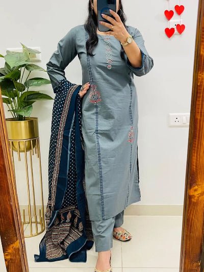 Powder Blue Jaipuri Cotton Straight Suit Set - BONYHUBSALWAR KAMEEZ