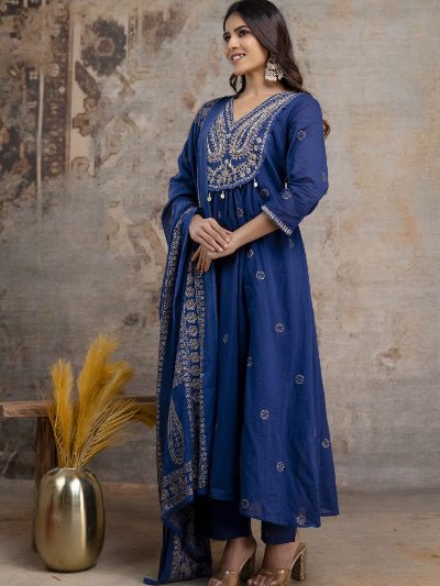Peacock Blue Cotton Embroidery Sequin Work Anarkali Suit - BONYHUBSALWAR KAMEEZ