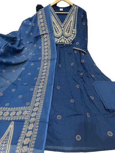 Peacock Blue Cotton Embroidery Sequin Work Anarkali Suit - BONYHUBSALWAR KAMEEZ
