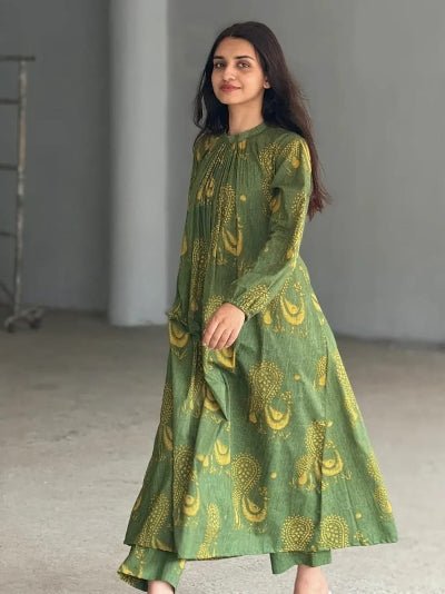 Green Cotton Discharge Rajasthani Print Kurti Pant Set - BONYHUBSALWAR KAMEEZ