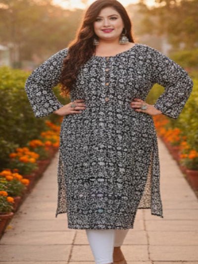 Plus Size Black Rayon Gota Work Straight Kurti - BONYHUBSALWAR KAMEEZ