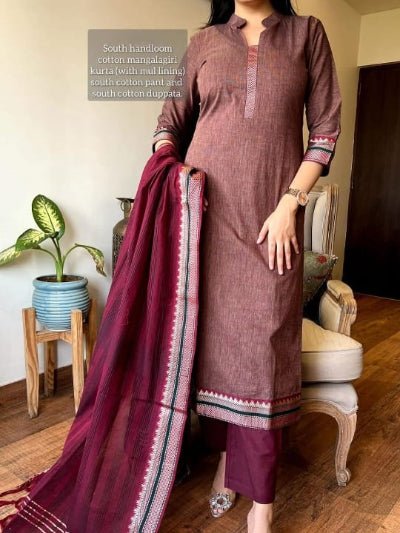 Maroon South Cotton Handloom Traditional Straight Suit - BONYHUBSALWAR KAMEEZ