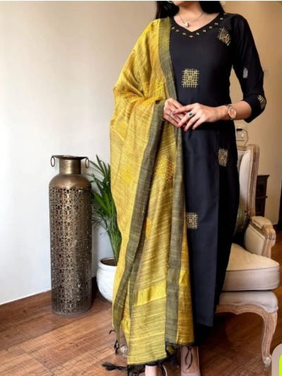 Black Cotton Embroidery Straight Suit With Mustard Dupattta - BONYHUBSALWAR KAMEEZ
