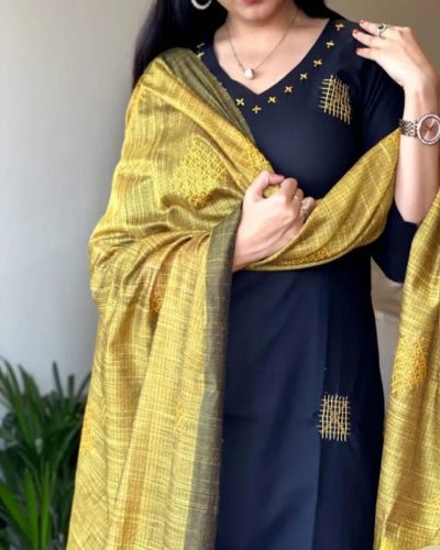 Black Cotton Embroidery Straight Suit With Mustard Dupattta - BONYHUBSALWAR KAMEEZ