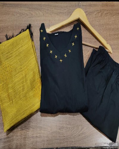 Black Cotton Embroidery Straight Suit With Mustard Dupattta - BONYHUBSALWAR KAMEEZ