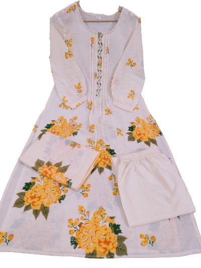 Elegant Cream Yellow Floral Cotton Straight Suit Set - BONYHUBSALWAR KAMEEZ