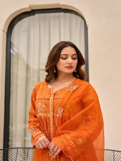 Orange Printed Chanderi Embroidery Cotton Anarkali Suit Set - BONYHUBSALWAR KAMEEZ