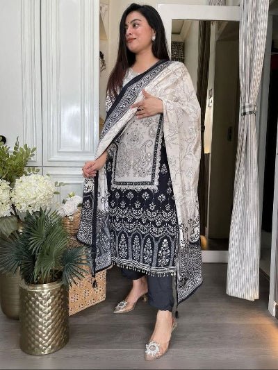 Plus Size Black Printed Handwork Chinon Straight Suit Set - BONYHUBSALWAR KAMEEZ