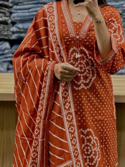Rust Orange Bandhani Embroidery Cotton Straight Suit Set - BONYHUBSALWAR KAMEEZ