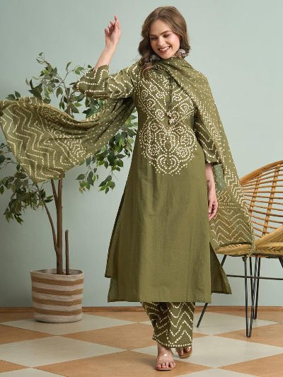 Olive Green Bandhani Printed Cotton Straight Suit Set - BONYHUBSALWAR KAMEEZ