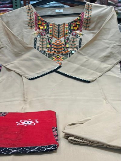 Gota Lace White Embroidery Cotton Straight Suit Set - BONYHUBSALWAR KAMEEZ