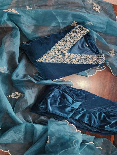Teal Blue Velvet Intricate Embroidery Straight Suit - BONYHUBSALWAR KAMEEZ