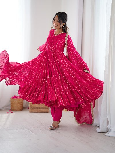 Pink Chanderi Real Mirror Hand Work Ruffle Anarkali Suit - BONYHUBSALWAR KAMEEZ