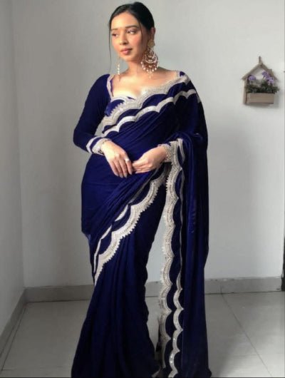 1 Min Navy Blue Velvet Ready to Wear Saree with Blouse Piece - BONYHUBSAREE