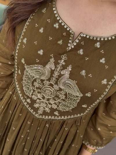 Olive Green Cotton Embroidery Anarkali Suit - BONYHUBSALWAR KAMEEZ