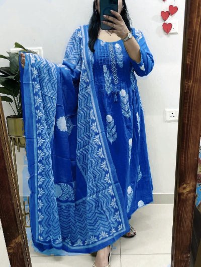 Elegant Blue Cotton print handwork Straight Suit Set - BONYHUBSALWAR KAMEEZ