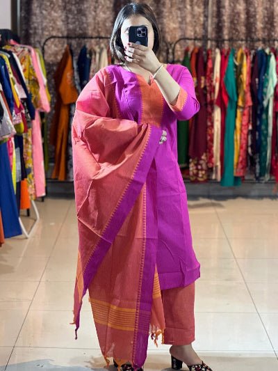 Magenta Pink South Cotton Silk Straight Suit Set - BONYHUBSALWAR KAMEEZ