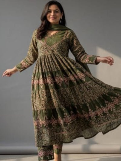 Classic Olive Green katha Embroidery Anarkali Suit Set - BONYHUBSALWAR KAMEEZ