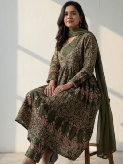 Classic Olive Green katha Embroidery Anarkali Suit Set - BONYHUBSALWAR KAMEEZ