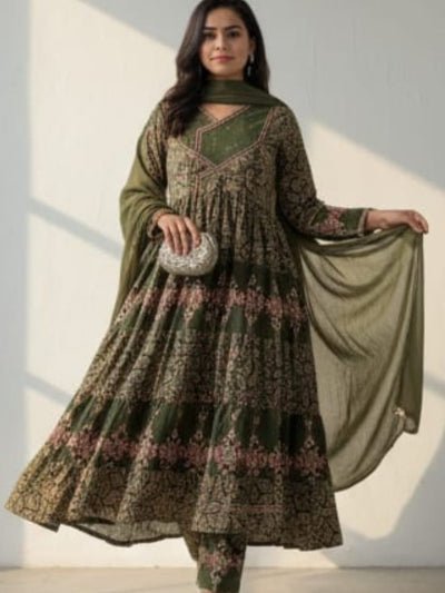 Classic Olive Green katha Embroidery Anarkali Suit Set - BONYHUBSALWAR KAMEEZ
