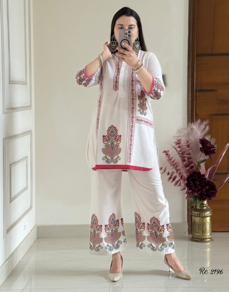 Trendy White Printed Cotton Lilan Kurti Pant Set Of 2 - BONYHUBSALWAR KAMEEZ