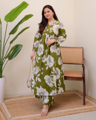 Beautiful Moss Green Cotton Printed Kurti Pant Set Of 2 - BONYHUBSALWAR KAMEEZ