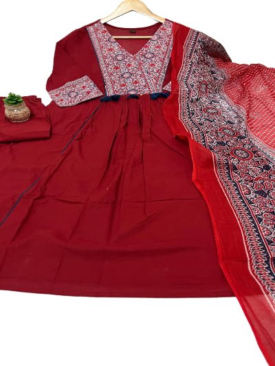 Elegant Red Handwork Cotton Anarkali Suit Set - BONYHUBSALWAR KAMEEZ