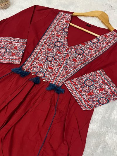 Elegant Red Handwork Cotton Anarkali Suit Set - BONYHUBSALWAR KAMEEZ