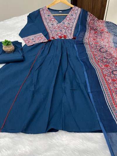 Teal Blue Handwork Cotton Anarkali Suit Set - BONYHUBSALWAR KAMEEZ