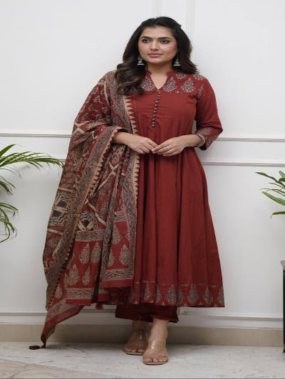 Brick Red block print Cotton Anarkali Suit Set - BONYHUBSALWAR KAMEEZ