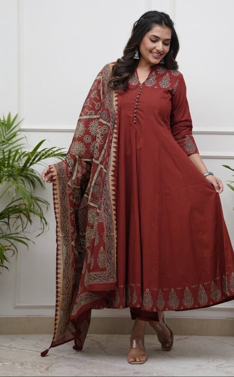 Brick Red block print Cotton Anarkali Suit Set - BONYHUBSALWAR KAMEEZ