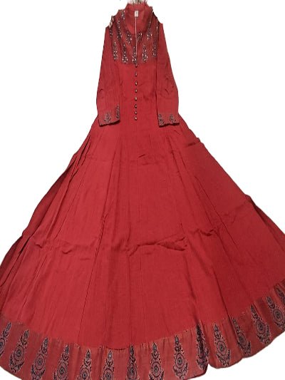 Brick Red block print Cotton Anarkali Suit Set - BONYHUBSALWAR KAMEEZ