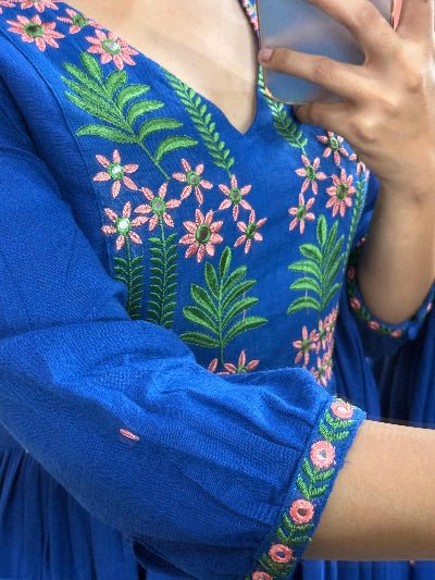 Blue Beautiful Mirror Work Cotton Anarkali Suit Set - BONYHUBSALWAR KAMEEZ