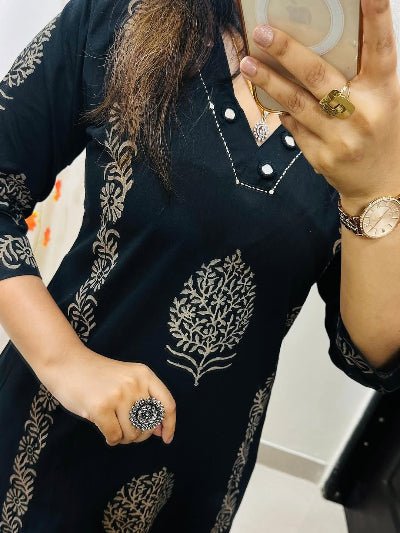 Black Handprint Cotton Straight Suit Set - BONYHUBSALWAR KAMEEZ