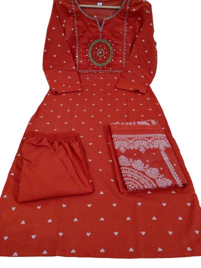 Brunt Orange Embroidery Cotton Straight Suit Set - BONYHUBSALWAR KAMEEZ