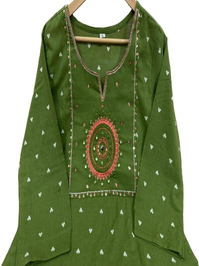 Olive Green Embroidery Cotton Straight Suit Set - BONYHUBSALWAR KAMEEZ