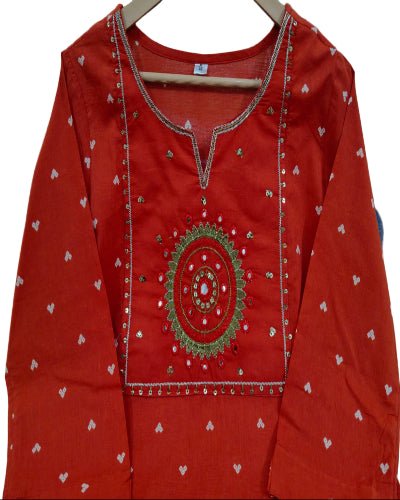 Brunt Orange Embroidery Cotton Straight Suit Set - BONYHUBSALWAR KAMEEZ