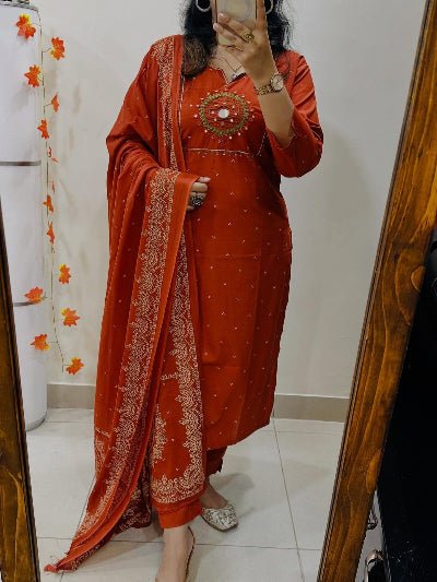 Brunt Orange Embroidery Cotton Straight Suit Set - BONYHUBSALWAR KAMEEZ